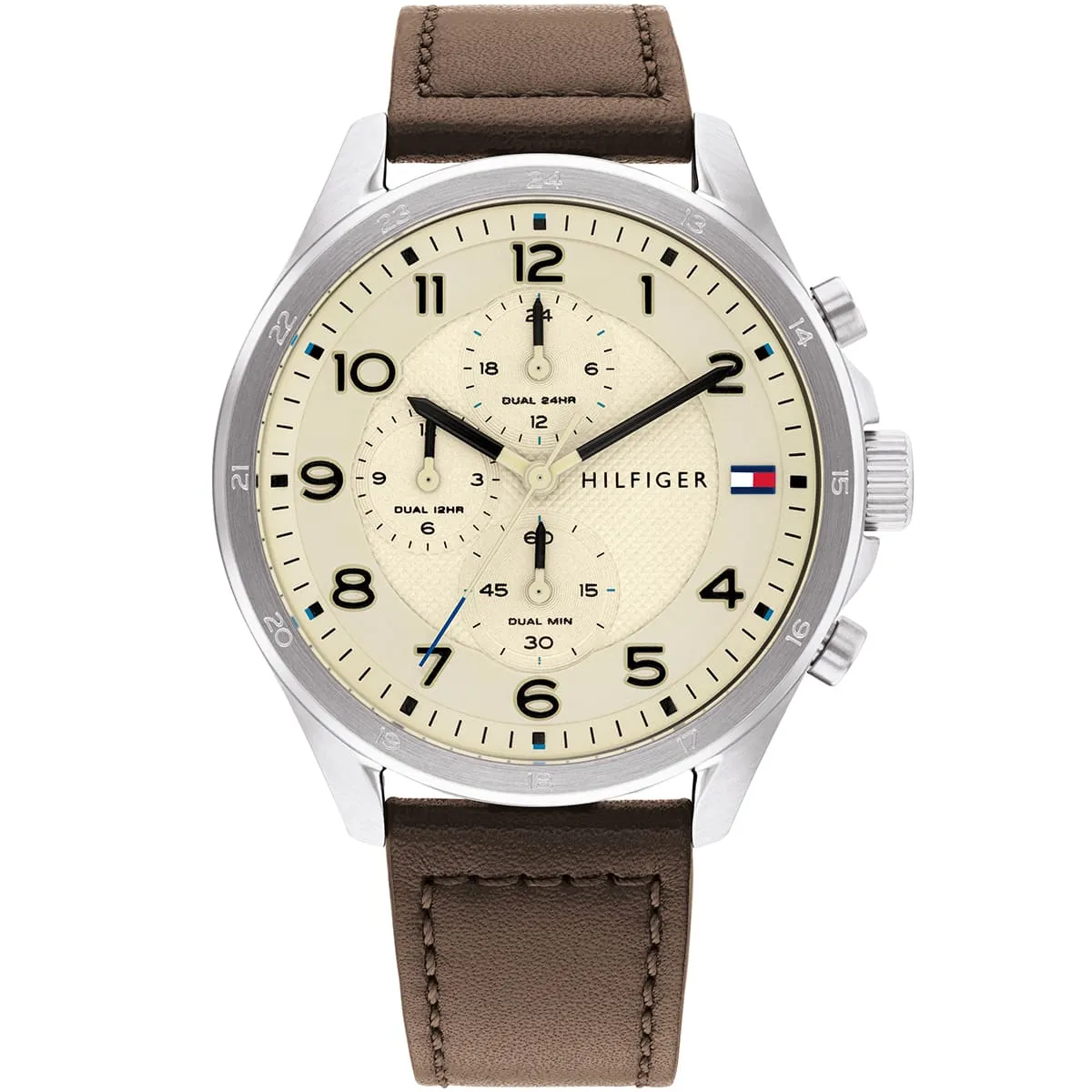 1792003-tommy-hilfiger-watch-dual-time-men-beige-dial-leather-brown-strap-quartz-battery-analog-axel ساعت مچی مردانه تامی هیلفیگر TOMMY HILFIGER مدل 1792003 - تصویر 1